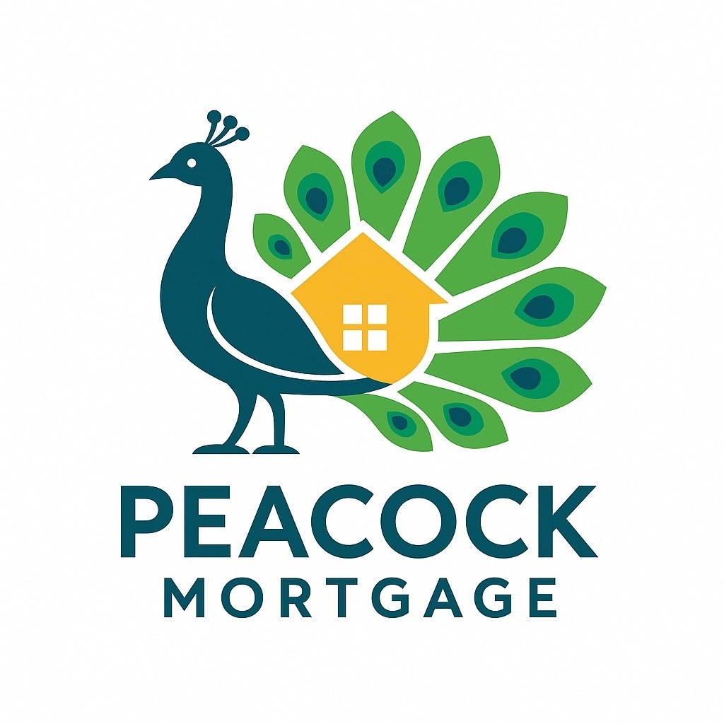 Peacock Mortgage — peacock with green feathers and a yellow house